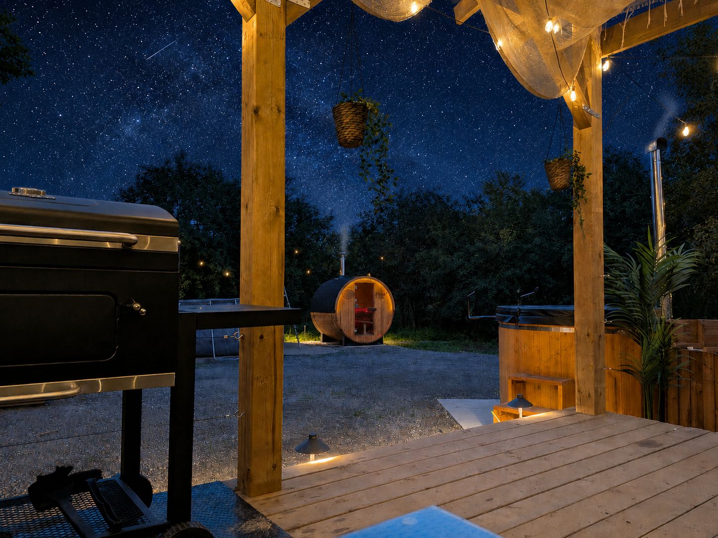 An outdoor wooden deck with a barbecue grill, a wooden barrel structure, and string lights against a starry night sky.