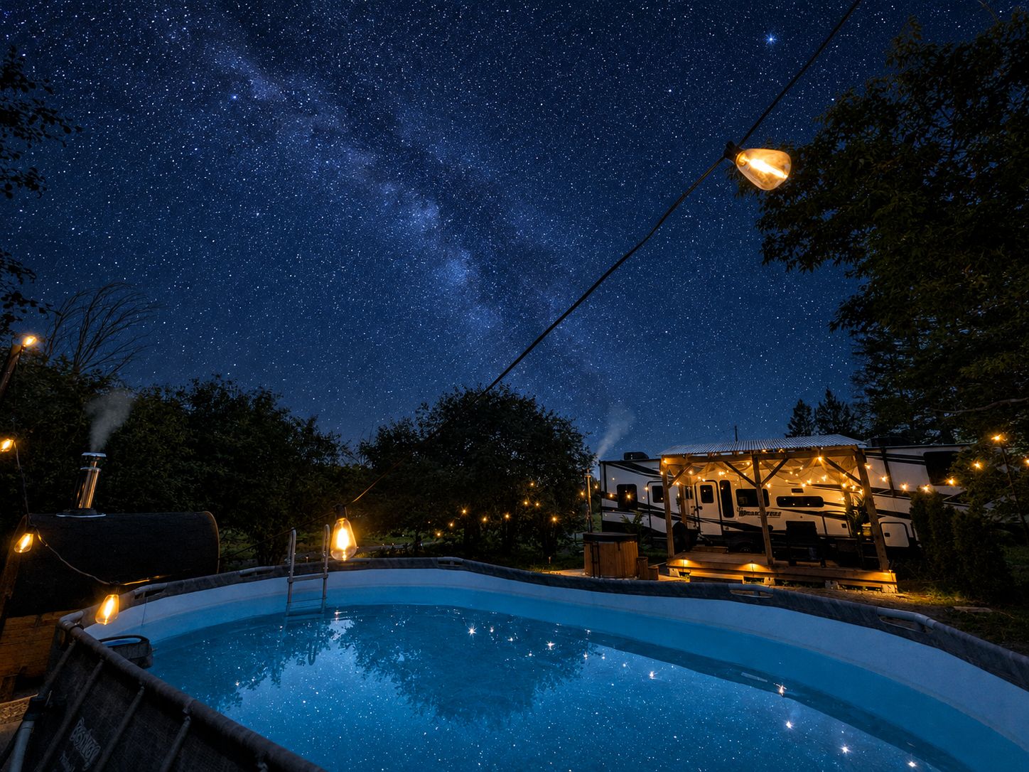 A swimming pool under a starry night sky with a house and string lights in the background.