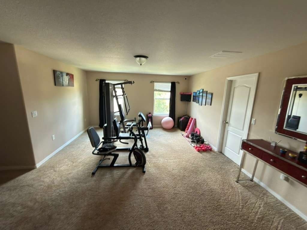 A room with a workout area, including a treadmill and exercise balls, carpeted floor, and a door with a mirror.