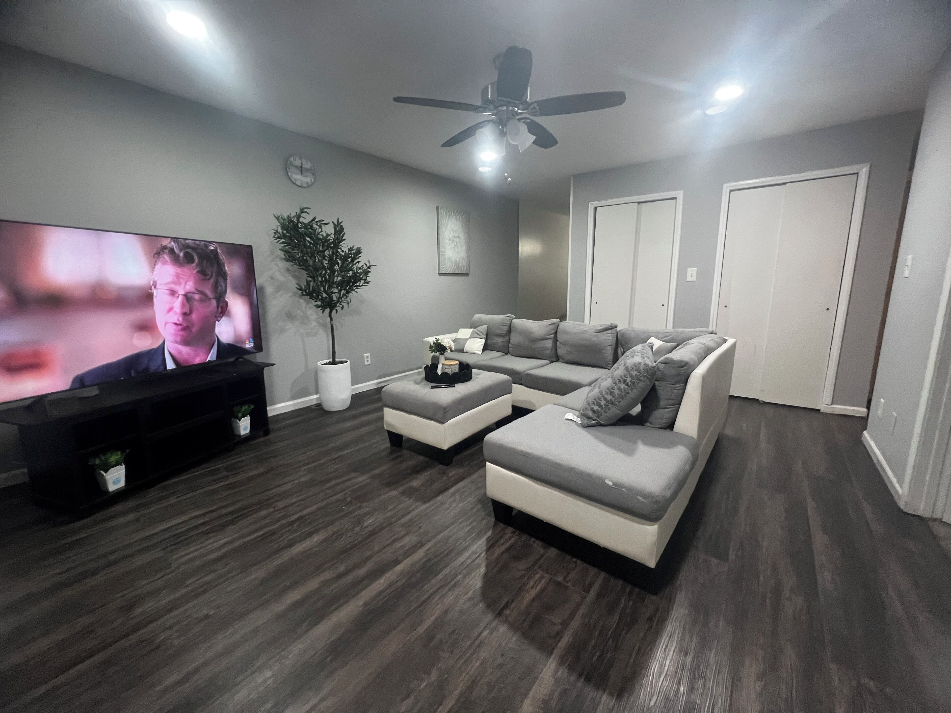 Un salon moderne avec un téléviseur à écran plat, une grande plante en pot, un grand canapé d’angle gris et un ventilateur de plafond.