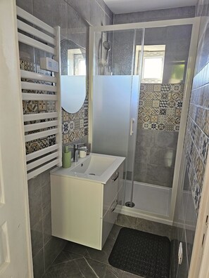 Een badkamer met een douche, wastafel en spiegel.