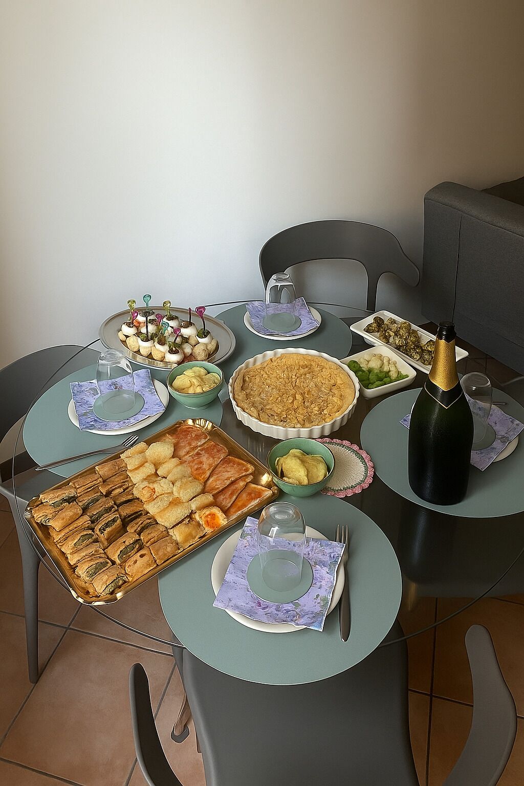 Un tavolo da pranzo con diversi piatti, una bottiglia di champagne e una sedia.
