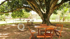 A wooden table and chairs set under a large tree in a park.