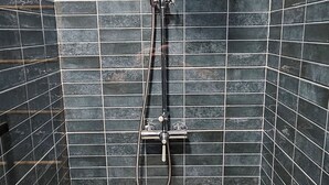 Eine Dusche mit Handbrause und Deckenbrause, vor einer gefliesten Wand.