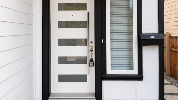 Fachada moderna con una puerta blanca de marco negro y panel de vidrio, un buzón negro y una valla de madera.