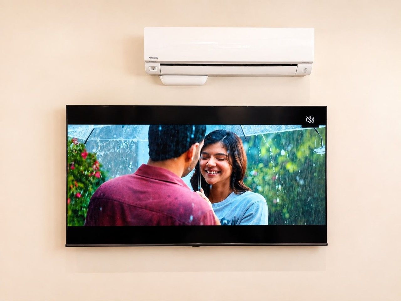 A flat-screen TV mounted on a wall with an air conditioning unit above it.