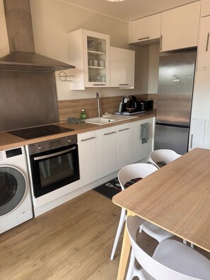 A modern kitchen with a stainless steel refrigerator, built-in oven, and a washing machine. - Bright 4-bedroom apartment with 2 bathrooms, a large balcony, and parking (Le Mans)
