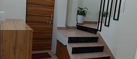 A staircase with a wooden door and a potted plant at the top.