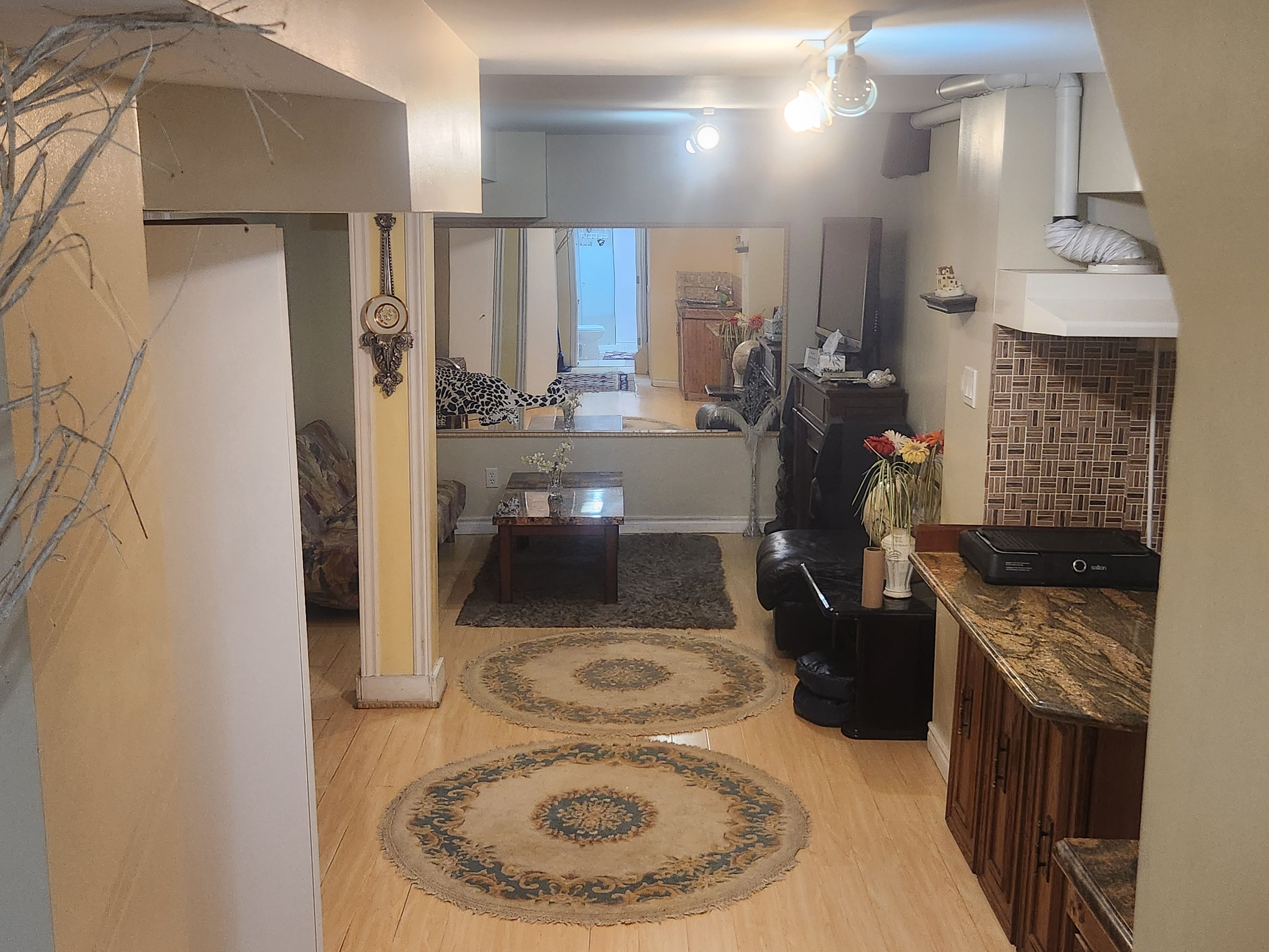 A living room with a sofa, coffee table, and a rug. There is a kitchen area with cabinets and a countertop.