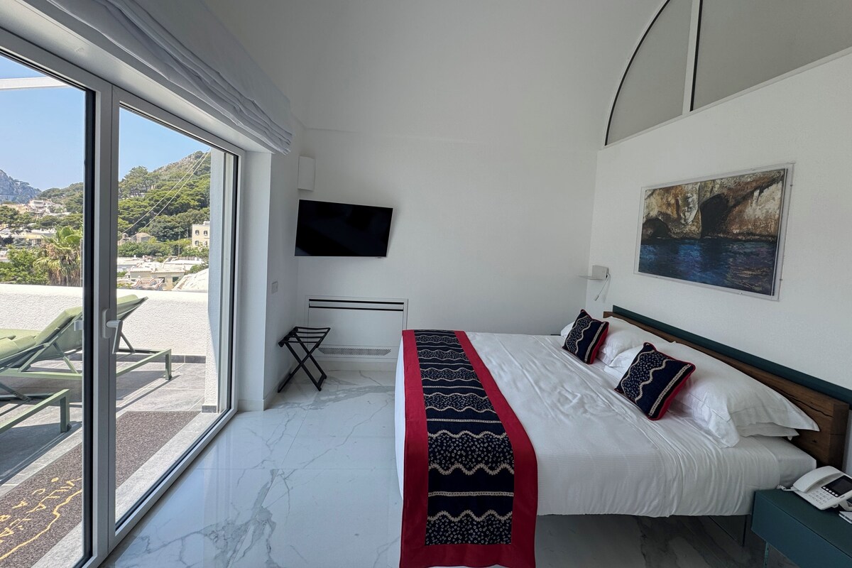A hotel room with a bed, a TV, a painting, and a view of a coastal area.