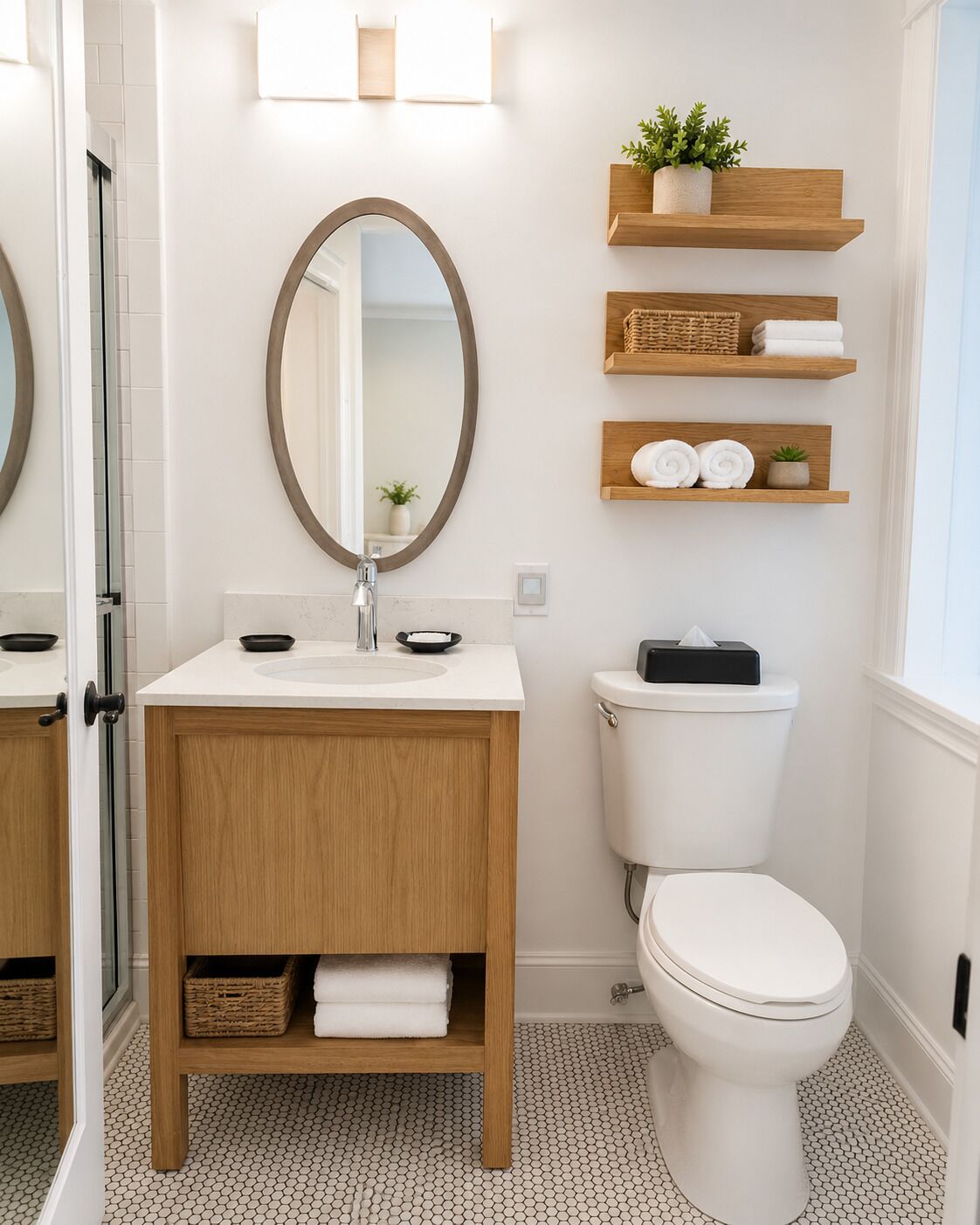 Een badkamer met een wit wastafel, een ronde spiegel, een toilet en houten planken met handdoeken en een plant.