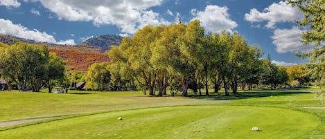 A golf course with a clear sky, trees, and a distant mountain.