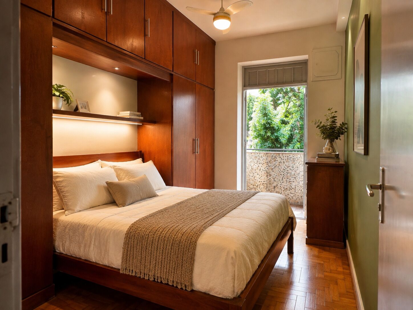 Quarto com cama grande, guarda-roupa de madeira e janela com vista para o verde.