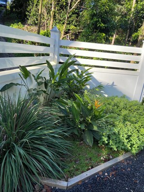A garden area with various plants and a white fence. - Mon petit coin de paradis - Spa privatif & calme tropical (Morne-à-l'Eau)