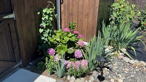 A garden with a wooden fence, a stone pathway, and a black lantern.