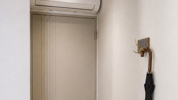 Een gesloten deur, met daarboven een wandairconditioner en een parapluhaak aan de rechterkant.