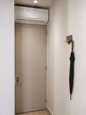 A closed door with a wall-mounted air conditioner above it and a wall-mounted umbrella hook to the right.