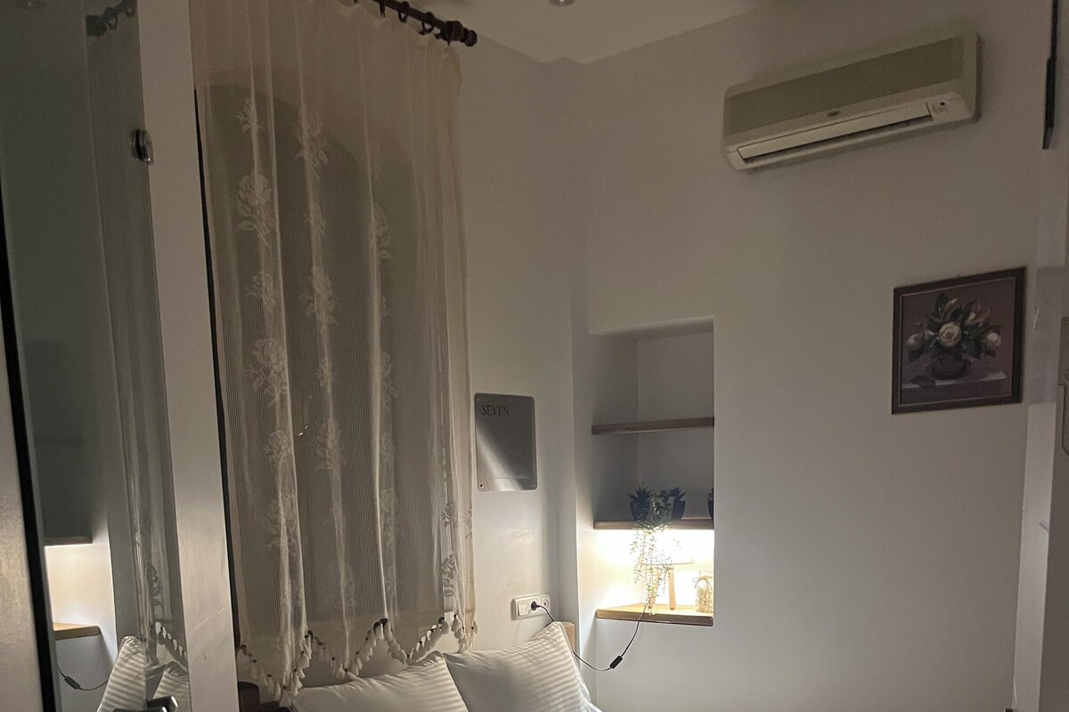 A bedroom with a bed, a bedside table, a nightstand, a window with a plant, a wall-mounted air conditioner, and a door with a glass panel.