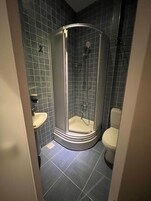 A bathroom with a glass-enclosed shower, a sink, and a toilet.