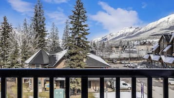 A residential area with snow-covered houses and a mountain backdrop.