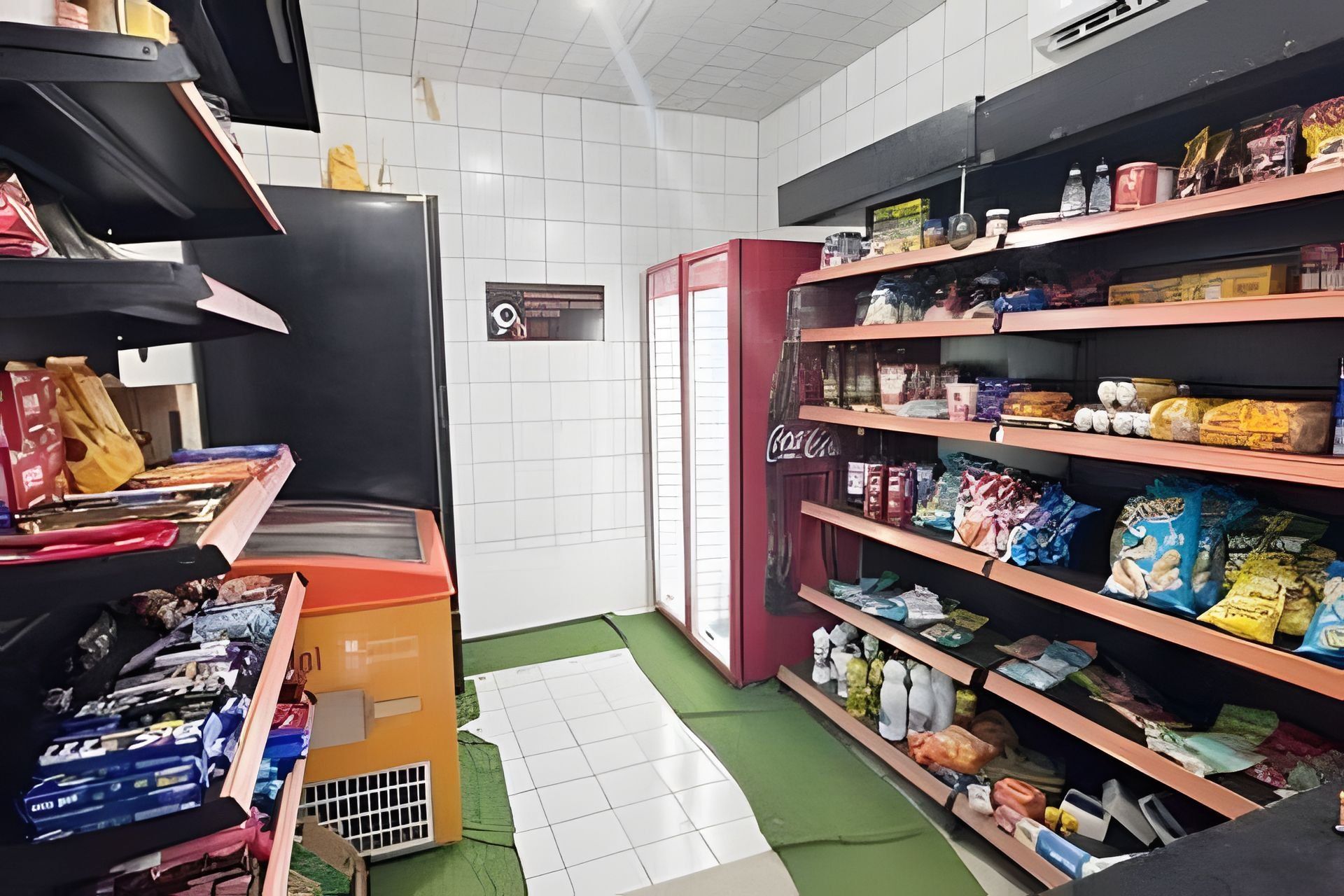 A store interior with shelves stocked with various items, a refrigerator, and a tiled floor.