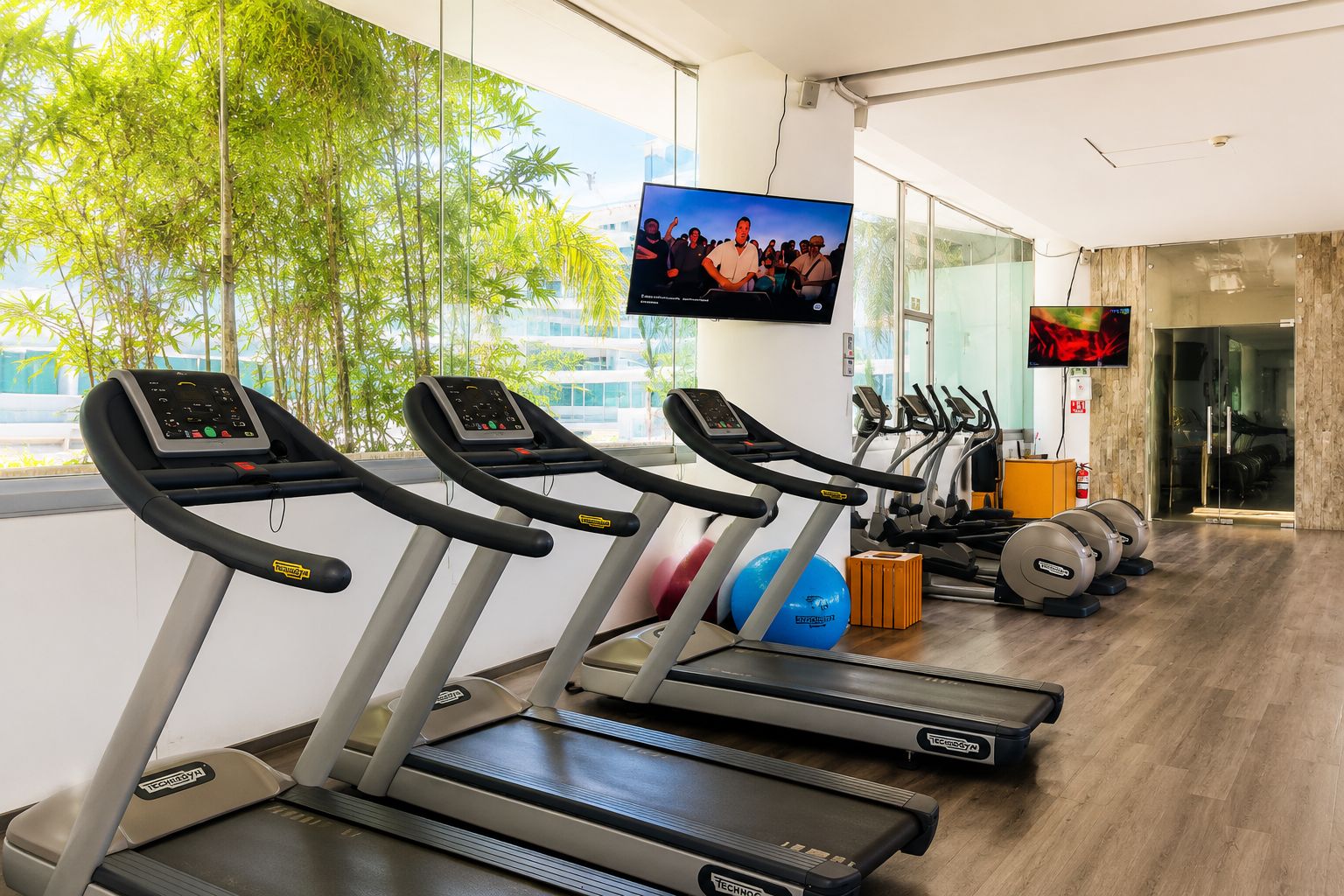 Un gimnasio con cintas de correr, pelotas de ejercicio y una pantalla de televisión.