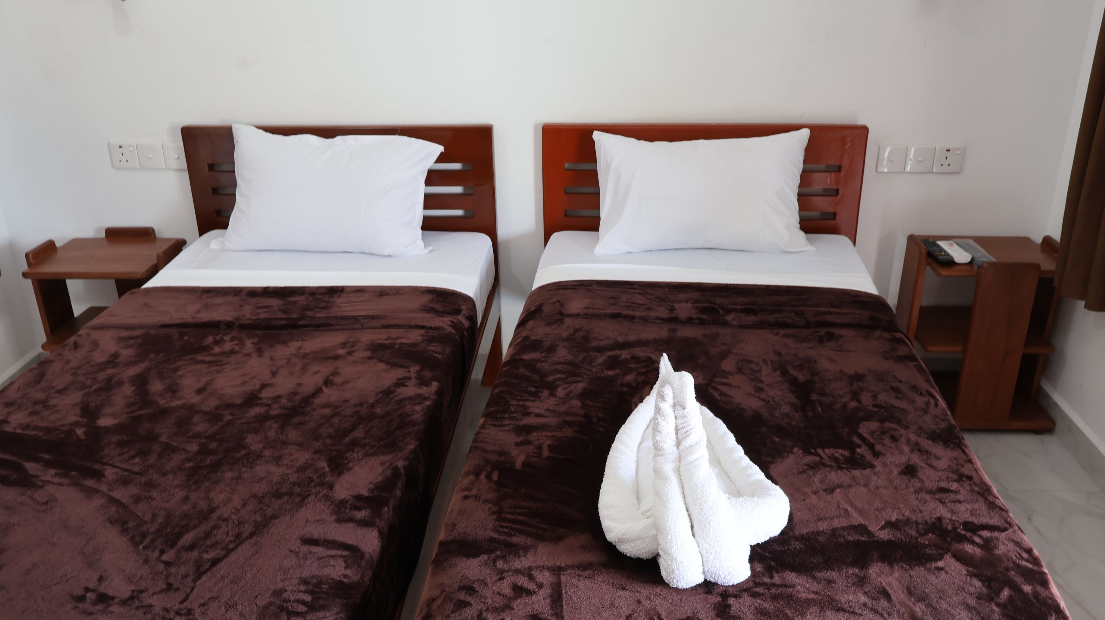 Deux lits simples avec des têtes de lit en bois, des oreillers blancs et des couvertures marron.