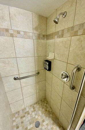 Cabina de ducha con baranda de apoyo, cabezal de ducha manual y dispensador de jabón.
