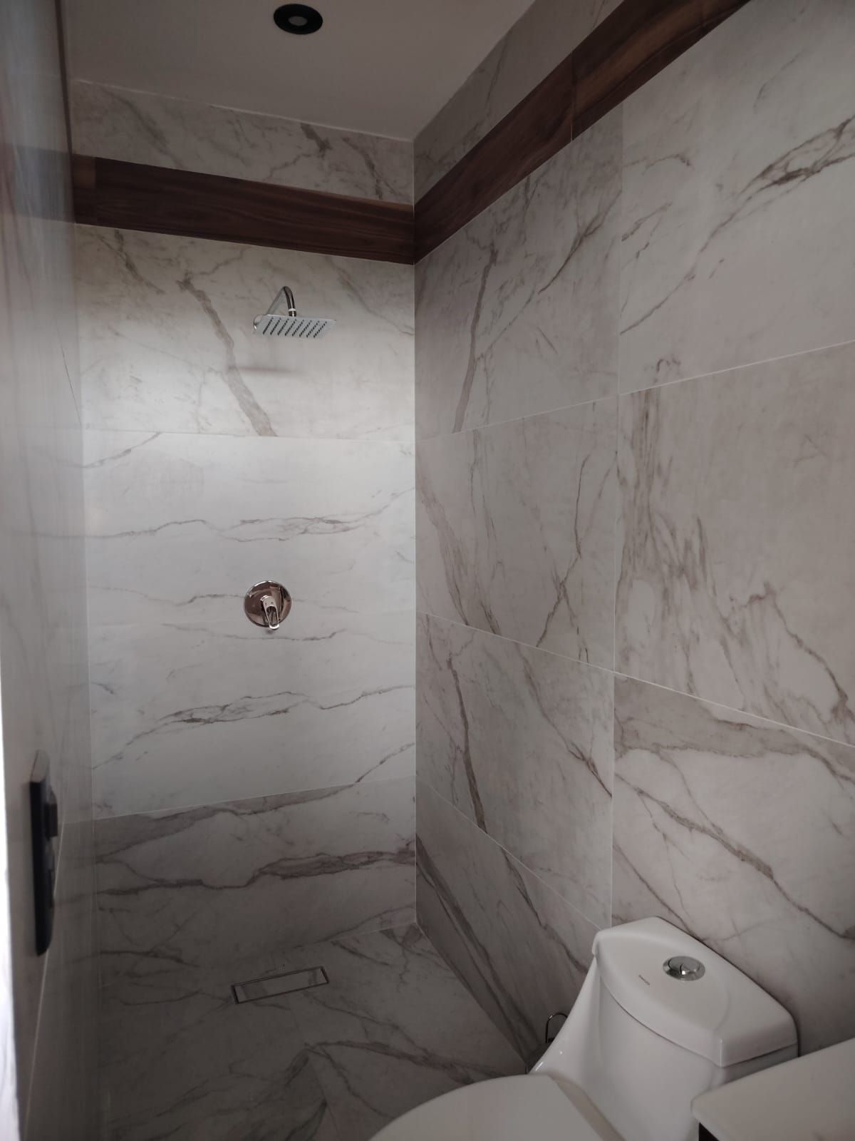 A bathroom with marble walls, a shower, and a toilet.