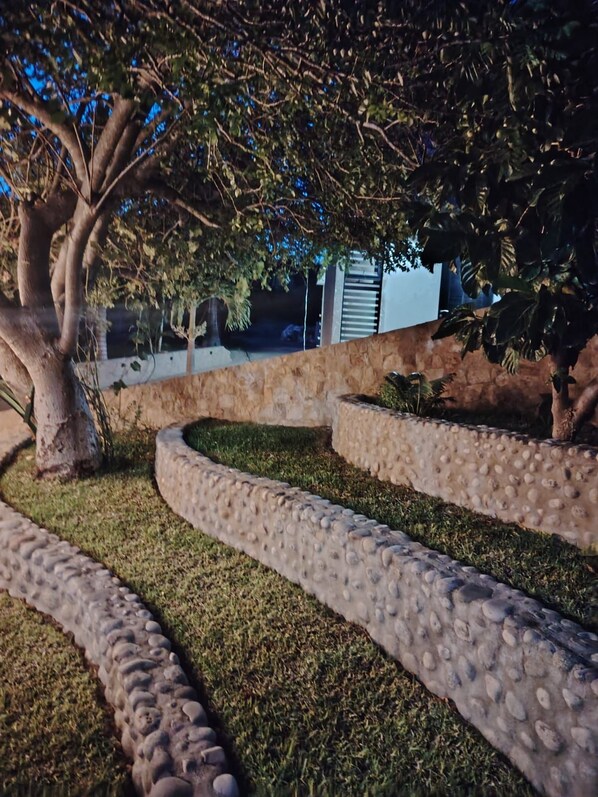 A landscaped garden with a curved stone pathway, a tree, and a low wall.