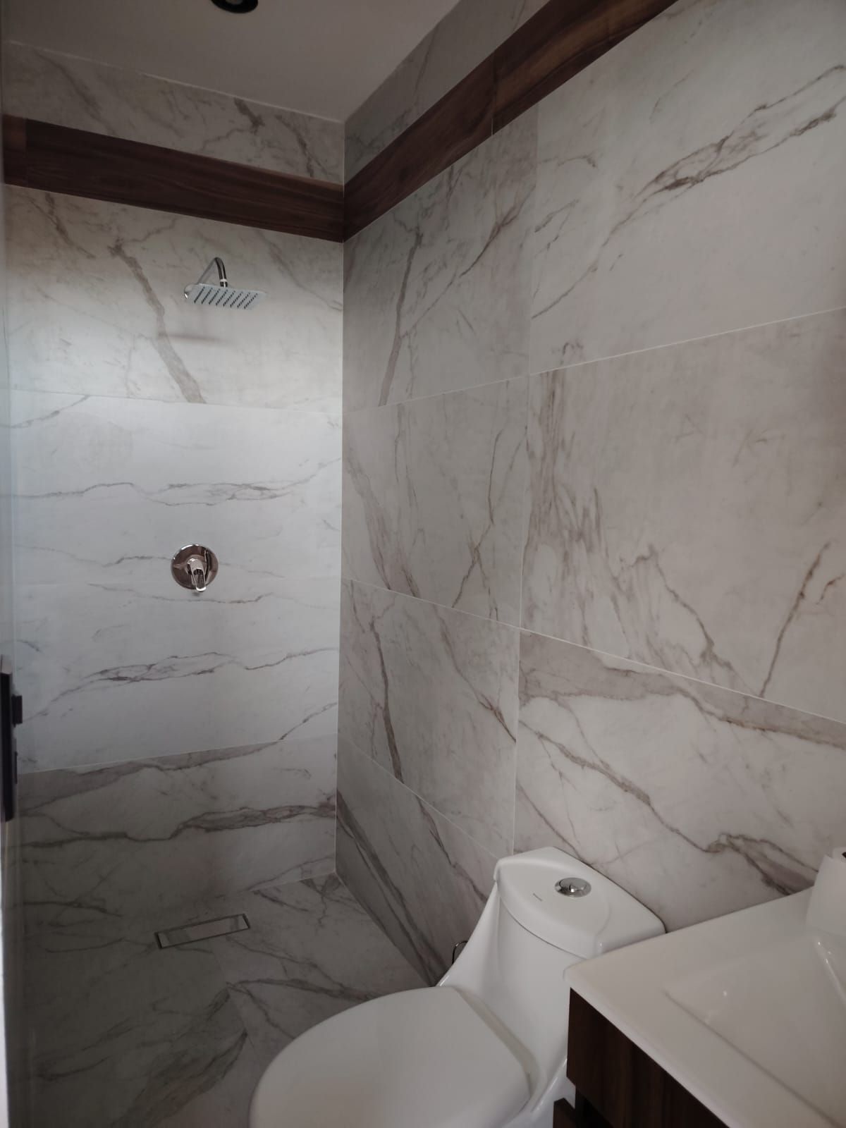 A bathroom with a shower, toilet, and sink.