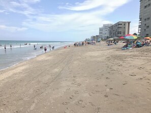 A beach with people, umbrellas, and buildings in the background. - DIRECT OCEANFRONT • HUTCHINSON ISLAND • 2BR/2BA • WINTER SEASON (Jensen Beach)