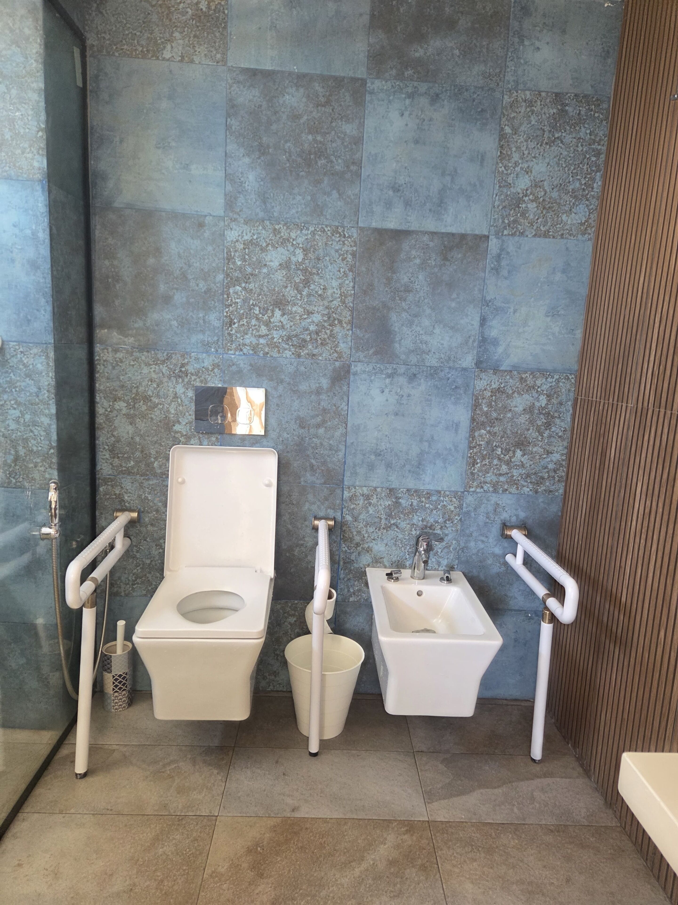 Ein Badezimmer mit Toilette, Bidet und Waschbecken, alle mit Haltegriffen ausgestattet.