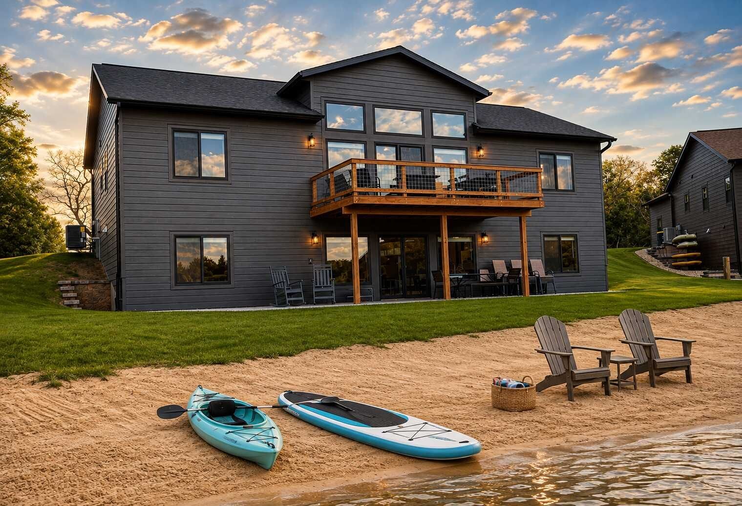 A two-story house with a balcony, a sandy beach in front, and kayaks and a paddleboard.
