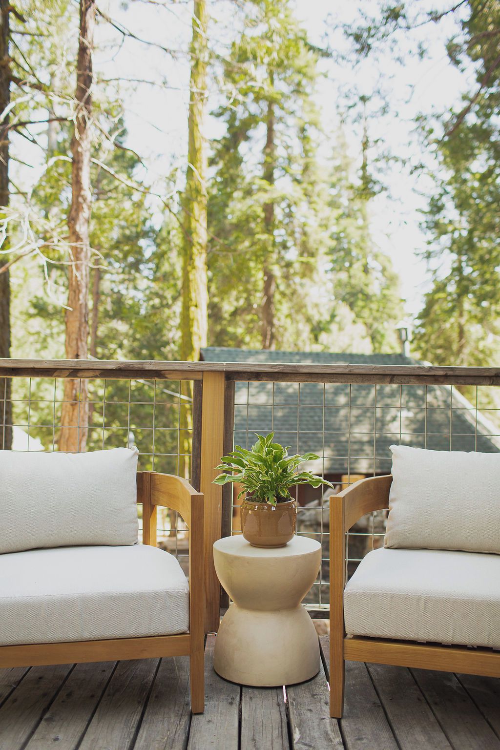 A wooden deck with two chairs and a potted plant.