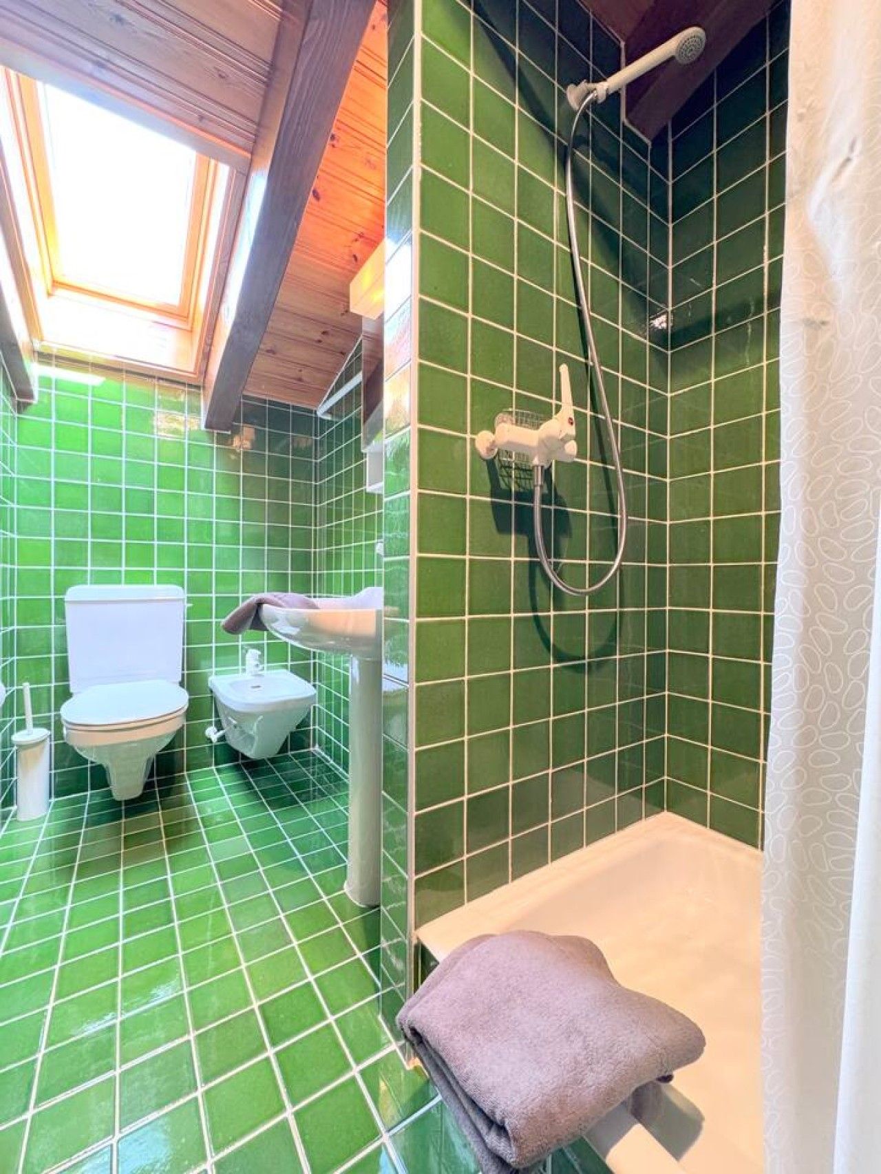Une salle de bain avec des carreaux verts, une douche, des toilettes et une baignoire.