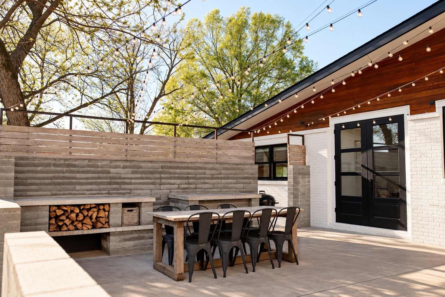 An outdoor patio with a built-in grill, dining table, and chairs.