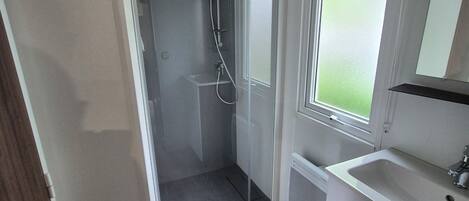 A modern bathroom with a shower, a sink, and a window.