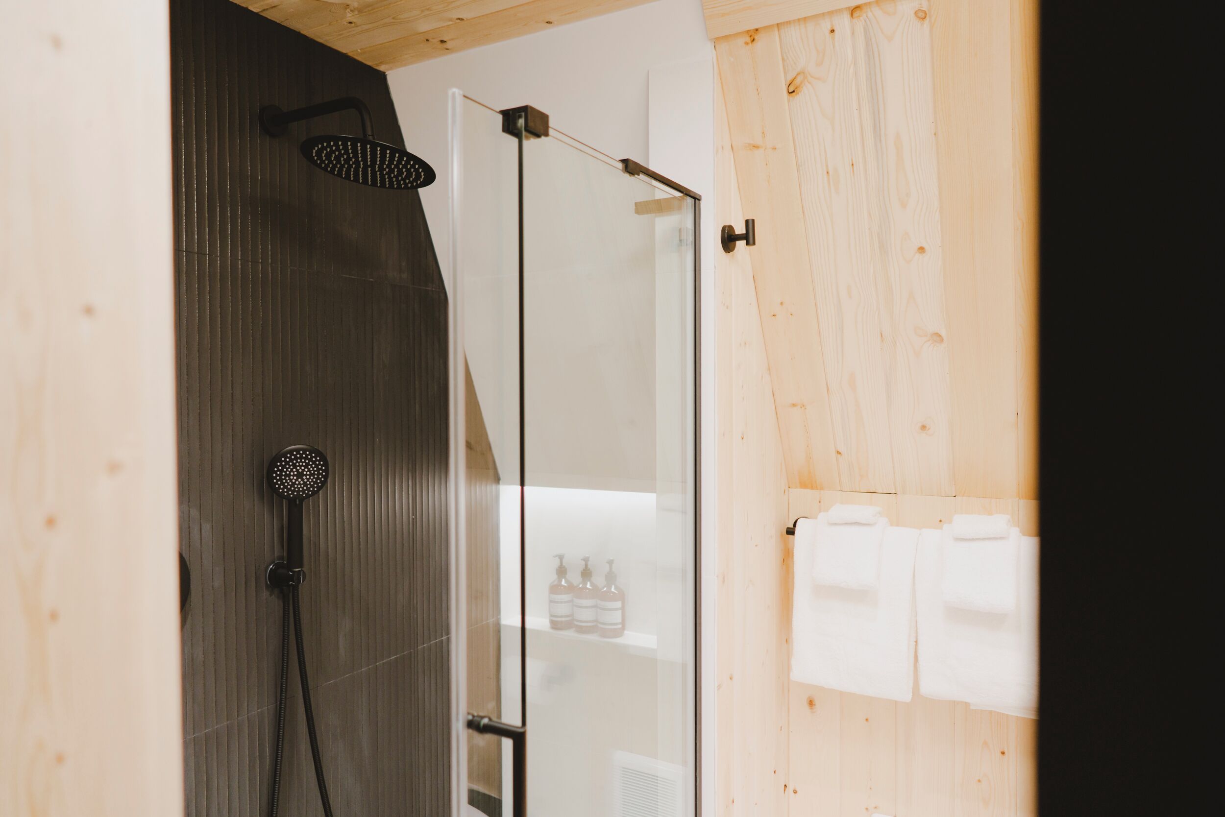 A shower with a handheld showerhead and a glass door.