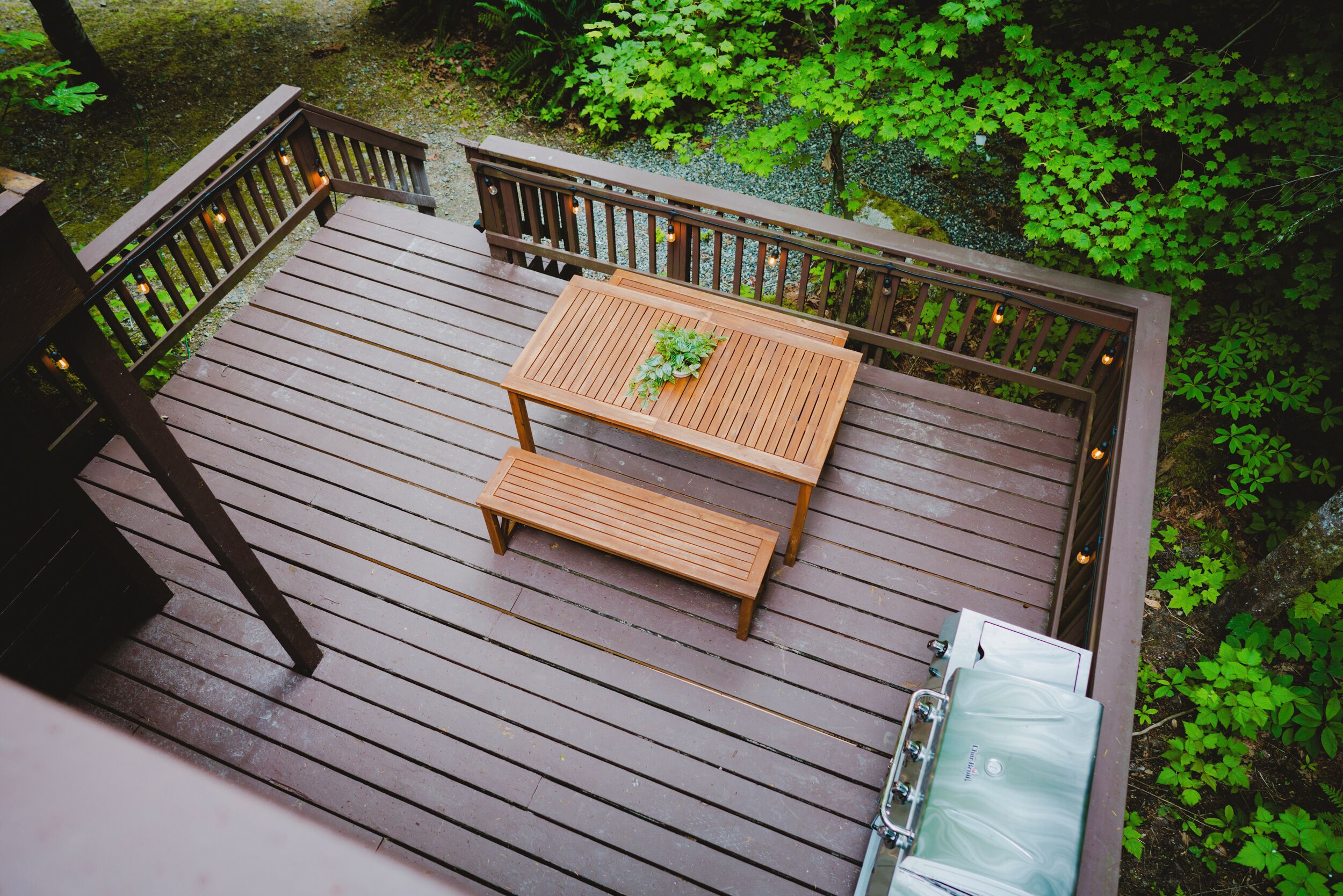 Une terrasse en bois avec une table et des bancs, entourée de verdure.