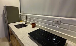 A kitchen with a stainless steel sink, a black induction cooktop, and a wooden utensil holder. - Awesome 4-bedroom estate with AC in charming Puerto Viejo (Puerto Viejo)