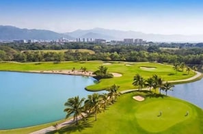 A golf course with a lake, palm trees, and a cityscape in the background. - Luxury Golf and Family getaway, Vidanta Nuevo Nayarit, Beachfront resort (Nuevo Nayarit)