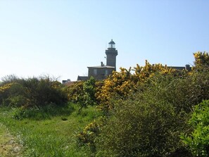 A lighthouse with a tower and a base, surrounded by greenery and yellow flowers.