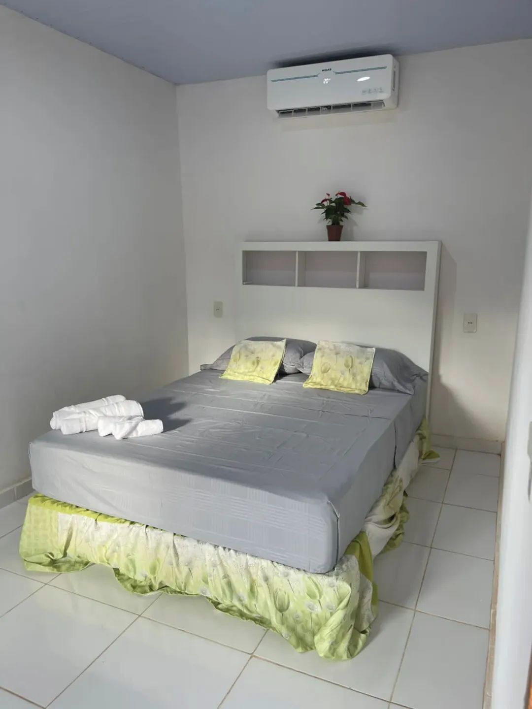 A bed with a grey mattress, white pillows, and a green bed skirt. There is a potted plant on the wall above the bed.
