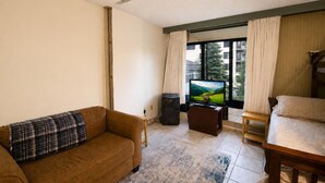 A living room with a sofa, a television, a small table, and a window with curtains. - SC 2207 | Mountain Summer Escape with Refreshing Pool Access (Snowshoe)