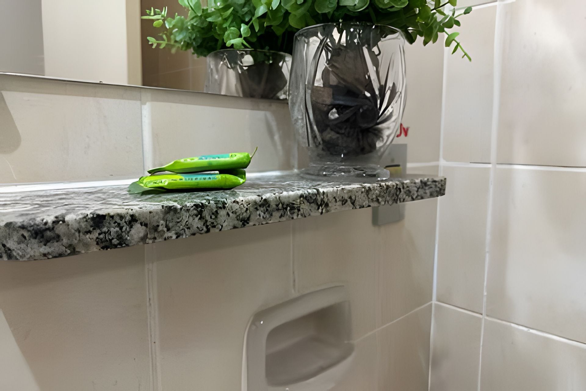 A bathroom with a granite countertop, a potted plant, and a mirror.