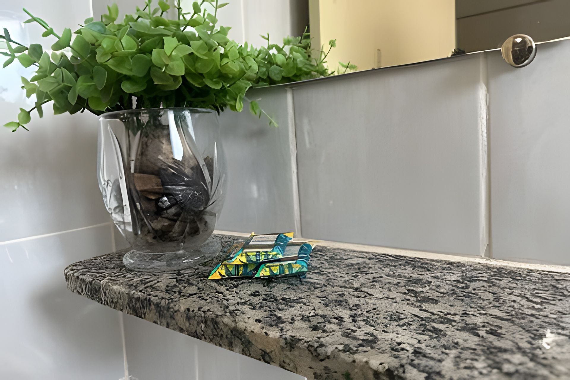 Un baño con encimera de granito, una planta en maceta y un objeto pequeño sobre la encimera.
