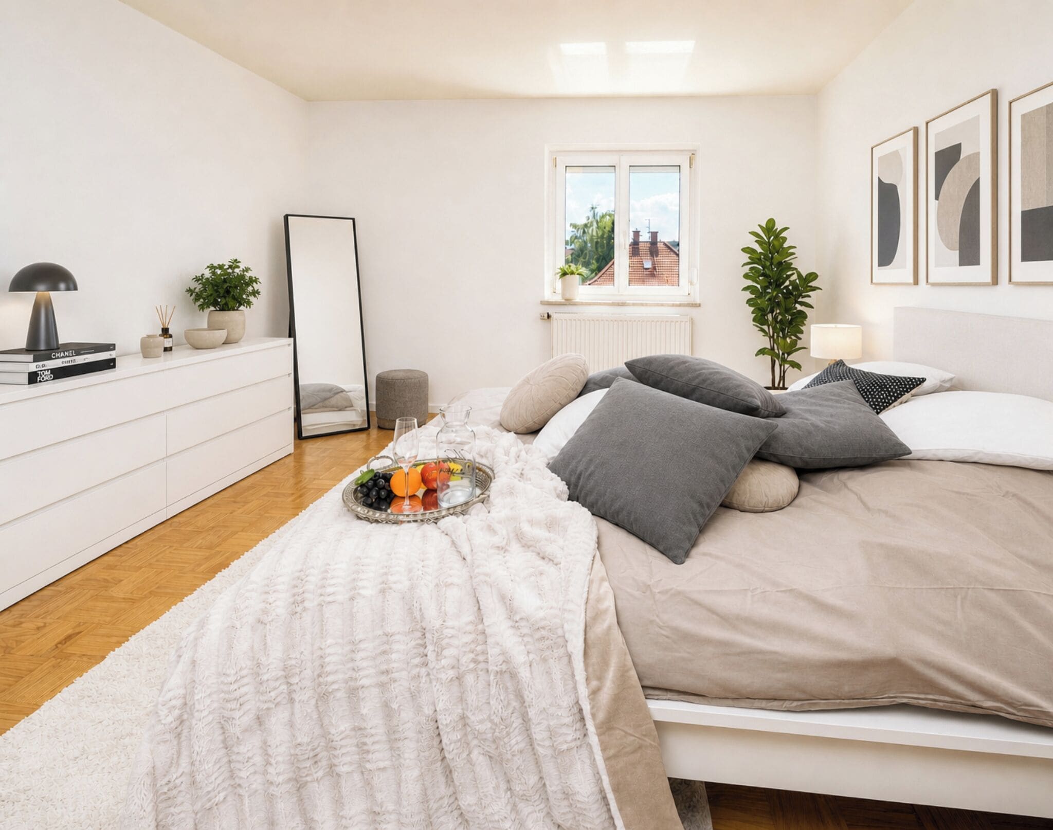 Ein Schlafzimmer mit Bett, Nachttisch, Lampe, Spiegel und einem Fenster mit Blick.