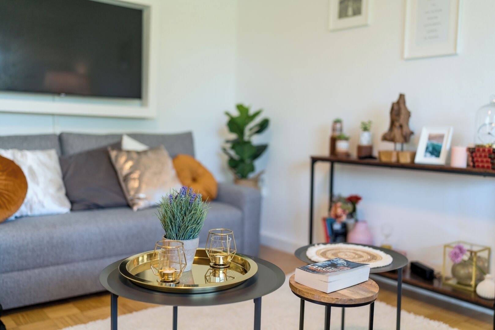 Ein modernes Wohnzimmer mit einem grauen Sofa, einem kleinen runden Tisch mit einem Buch und einer Zierpflanze.