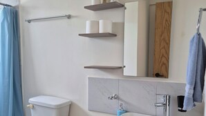 A modern bathroom with a toilet, bidet, trash bin, and a sink with a mirror above. - Santa Ana el Dorado (San José Novillero)